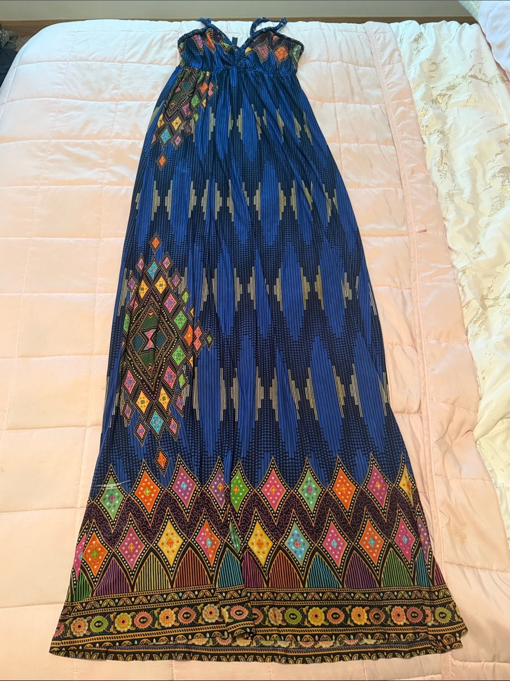 Blue Patterned Maxi Skirt with Multicolor Geometric Border